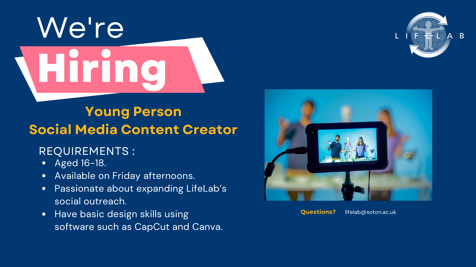 We're hiring - Young Person Social Media Content Creator